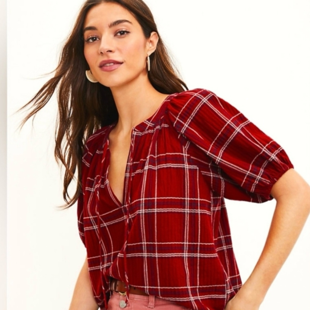 Loft Blouse Red Blue White Plaid Tie-Neck Puff Sleeve Top Size L Petite *NWT - Picture 15 of 16